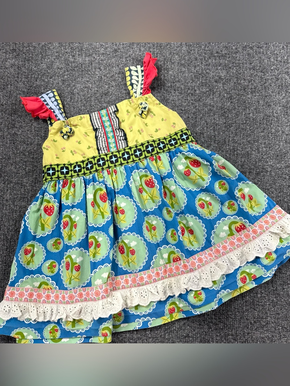 Matilda Jane Apron Knot Dress Girl Size 6 Cherries Strawberries Spring EUC